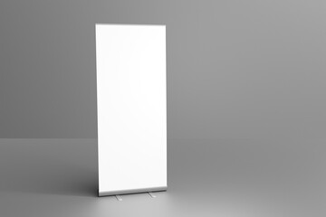 Wall Mural - Blank white roll-up banner display mockup on dark background, isolated, 3d rendering