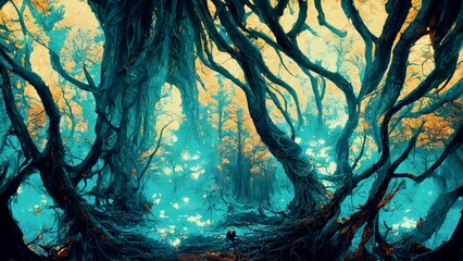 Dark scary forest cursed by witch spell spectacular 3D illustration for ghost and halloween black magic scene