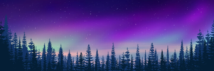 Wall Mural - trees against the background of aurora borealis, winter holiday illustration