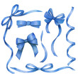 Watercolor set of isolated blue bows on white background. Ribbons collection. Hand drawn sketch illustration
