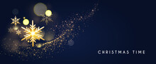 Christmas Bokeh Light Effect With Gold Sowflakes.