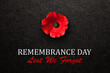 The remembrance poppy - poppy appeal. Poppy flower on black textured background. Decorative flower for Remembrance Day, Memorial Day, Anzac Day in New Zealand, Australia, Canada and Great Britain.