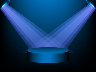 Sticker - Technology podium with spotlight. Empty blue podium with lighting of spotlights. Blue digital scene for product presentation. Blue neon lamp pedestal in dark background. Vector illustration.