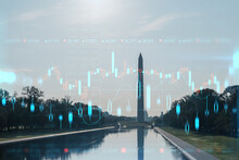 Washington Monument And The Capitol Building, Washington DC, USA. Seen From Reflecting Pool. Forex Candlestick Graph Hologram. The Concept Of Internet Trading, Brokerage, Analysis