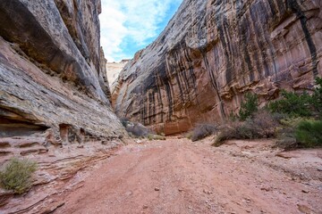 Sticker - Dirt road passing through red and black rock formations at a national park in Utah