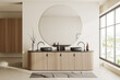 © ImageFlow - Bright bathroom interior with panoramic window, large round mirror