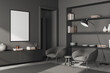 Grey chill interior with chairs and drawer with decor, mockup frame
