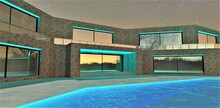 Exrerior Illumination Of The Contemporary Private Suburban Estate At Night Time. Good Illustration For Modern Houses Design And Construction. 3d Rendering.