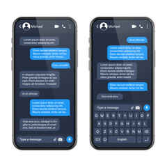 Realistic smartphone with messaging app. SMS text frame. Conversation chat screen with blue message bubbles and placeholder text. Social media application. Vector illustration.