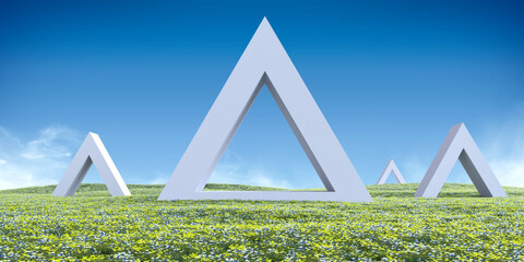 Wall Mural - Beautiful nature landscape with color flower field and white triangle. Abstract realistic 3d illustration. Creative modern surreal ambient panoramic background. Minimal fantasy art render.