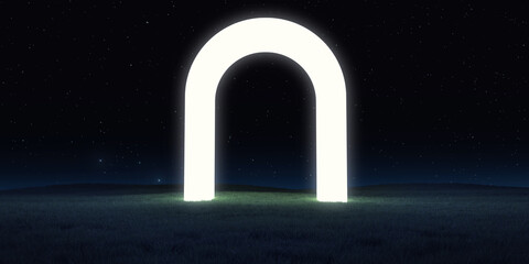 Wall Mural - Abstract realistic 3d illustration. Creative modern surreal ambient panoramic background. Night landscape with grass field and neon light circle form, arc, portal or gate. Minimal fantasy art render.