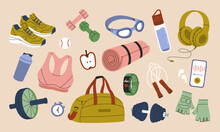 Set Of Sport Equipment. Sport Bag, Yoga Mat, Sneakers, Goggles, Jump Rope, Dumbbells, Fitness Tracker, Ab Roller. Healthy Lifestyle. Hand Drawn Vector Illustration Isolated On Background. Flat Style