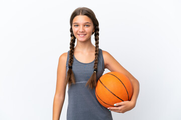 Wall Mural - Little caucasian girl isolated on white background playing basketball