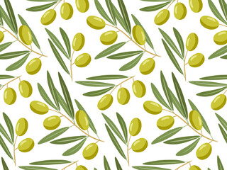 Wall Mural - Vector seamless pattern with green olive tree branches. Repeated Flat vector illustration with fruits for natural organic cosmetics, soap, wrapping paper, wallpaper, textile, olive oil, scrapbooking