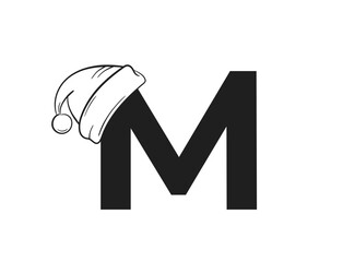letter m with santa claus hat. initial letter for Christmas and New Year design. isolated vector image