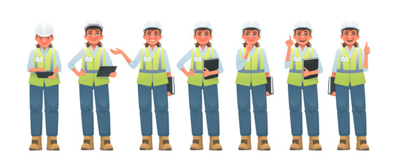 Set of woman construction engineer character in hard hat and signal vest. Architect or safety engineer in different activities