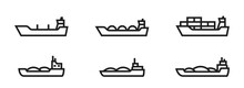 Cargo Ship Line Icon Set. River And Sea Cargo Vessels. Water Transportation Symbols