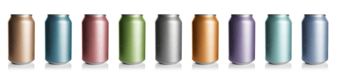 Sticker - Set with different colorful aluminium cans of beverage on white background. Banner design