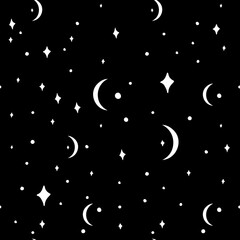 Wall Mural - Monochrome seamless pattern with white stars and crescent moons on black background. Boho celestial pattern. Stock vector illustration