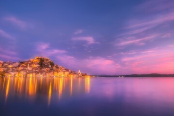 Poster - Illuminated city on a hill facing the sea on the sunset