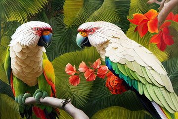 Wall Mural - Colorful parrot in exotic jungle full of tropical leaves and large flowers. Amazing tropical floral patten for print, web, greeting cards, wallpapers, wrappers.  3d illustration