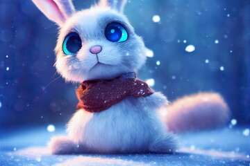 Wall Mural - cute rabbit on falling snow background 3d illustration	
