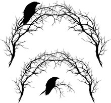 Raven Bird Sitting At Bare Tree Branches Forming Arch Entrance - Spooky Halloween Night Vector Design Set