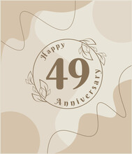 49 Year Anniversary, Minimalist Logo. Brown Vector Illustration On Minimalist Foliage Template Design, Leaves Line Art Ink Drawing With Abstract Vintage Background.