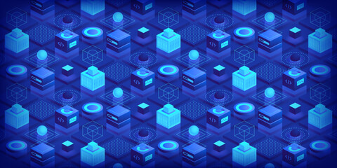 Wall Mural - Abstract futuristic isometric background Technology connection digital data and big data concept Block chain technology with polygonal shapes on dark blue Illustration vector design digital concept