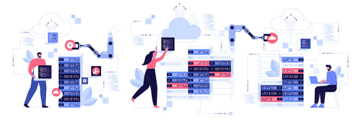 Wall Mural - people characters developing software program and mobile app. developers programming and writing pro