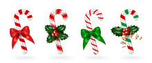 Candy Cane 3d Icon Set With Green Red Ribbon And Holly Berry Sprig Decoration. Vector Illustration. Merry Christmas Happy New Year Candycane Sweets, Santa Gift. Element For Holiday Poster Flyer Card