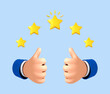 © Vector_Artist - Two 3D cartoon hands show a gesture thumb up for success or good feedback. Five star rating. Positive concept and like symbol. Customer review rating and client feedback concept. Vector illustration