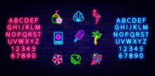 Summer Neon Icons Collection. Coconut Drink, Flamingo And Shell. Luminous Blue And Pink Alphabet. Vector Illustration