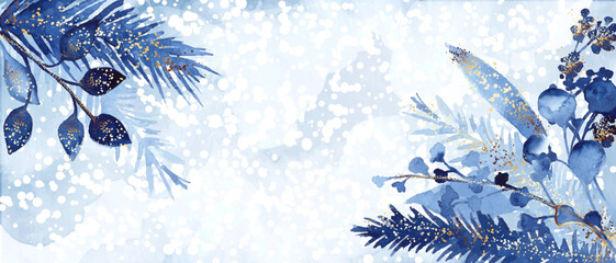 Winter holiday background. Blue watercolor wash, plants, leaves, snowflakes. Greeting card, invitation, flyer, cover print.