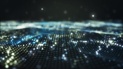 Futuristic flying over 3D green blue digital landscape mountain terrain abstract technology background - moving dots and lines network connection structure in space background. 3D Rendering.