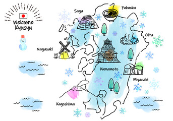  冬の九州の観光地のシンプル線画イラストマップ