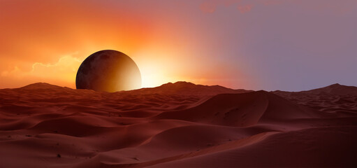 Fotobehang - Spectacular solar eclipse over the Sahara desert