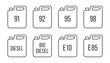 Set of different gasoline canister line icons with inscriptions: 92, biodiesel, diesel etc. Vector illustration