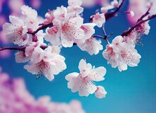 Sakura Cherry Blossom With A Blue Sky Background.