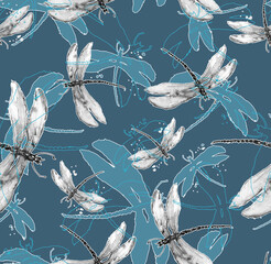 Wall Mural - Seamless watercolor background, paint splash. Watercolor card with a picture of dragonfly. Trendy vintage background. watercolor  dragonfly.Graphic fashion print for textile, fabric, design. Art 