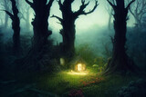 Fototapeta Las - misty forest in the night digital art illustration
