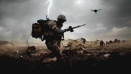 A Ukrainian soldier runs across the battlefield, military drone support in the background. Digital illustration      