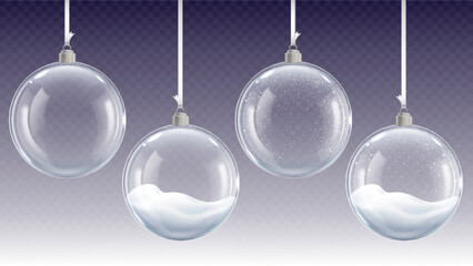 Wall Mural - Realistic glass christmas balls hanging on ribbons. Winter crystal xmas bubble. Home decoration 3d elements with snow and snowfall, pithy vector set