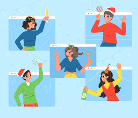 Poster - Teens holiday online party. Virtual christmas meet, festive teenagers with fireworks and drinks on group video chat. Cheering celebration snugly vector characters