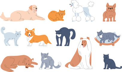 Wall Mural - Funny pets vector set. Painting cute dog, various cats in poses. Pet sleep and action, puppy play. Kicky cartoon furry kitten, vector doodle animals