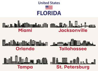 Fototapete - Florida cities skylines silhouettes vector set