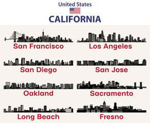 Fototapete - California cities skylines silhouettes vector set