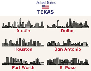 Fototapete - Texas cities skylines silhouettes vector set