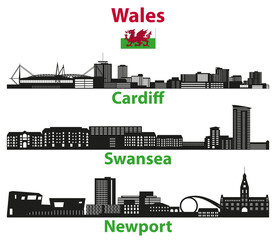 Fototapete - Wales cities skylines silhouettes vector set