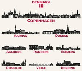 Fototapete - Denmark cities skylines silhouettes vector set